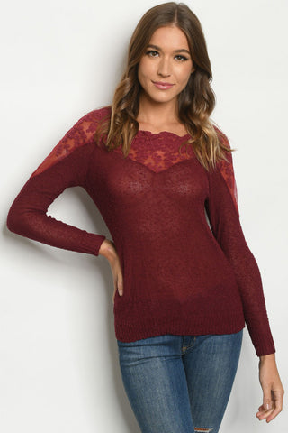 Burgundy Lace Accent Long Sleeve Sweater