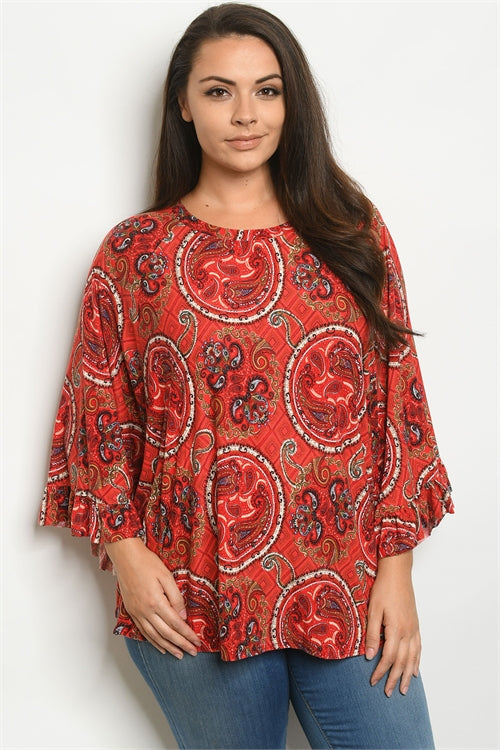 Red Paisley Print Plus Size Tunic Top