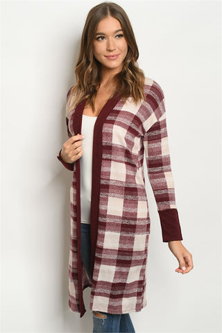 Burgundy Checkered Open Front Cardigan