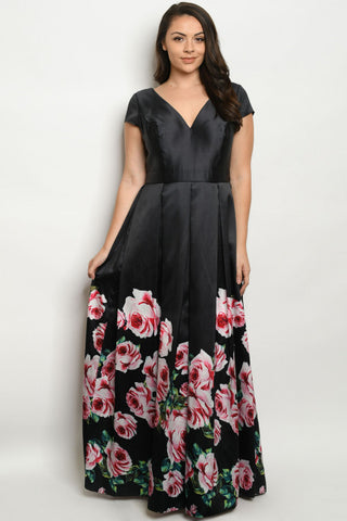 Black with Roses Plus Size Maxi Dress Gown