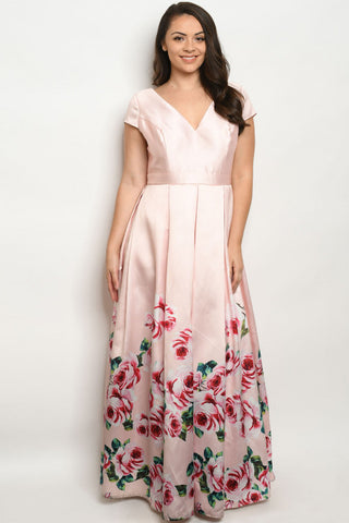 Blush Pink with Roses Plus Size Maxi Dress Gown