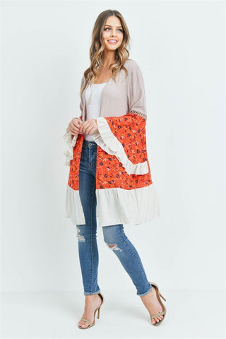 Taupe and Orange Floral Bell Sleeve Cardigan