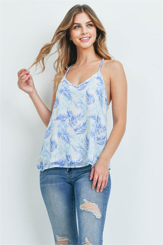 Blue and White Floral Racer Back Tank Top