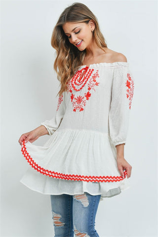 Red and White Embroidered Boho Top