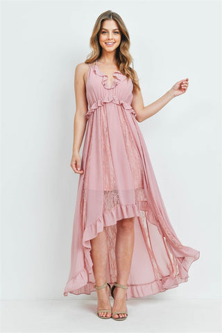 Mauve Pink High Low Lace Accent Maxi Dress