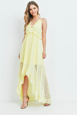 Yellow High Low Lace Accent Maxi Dress