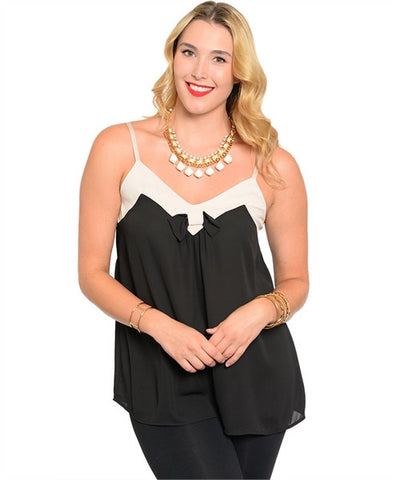 Black and Cream Spaghetti Strap Top with Bow Accent Plus Size