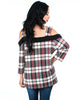 Black and Red Plaid Long Sleeve Open Shoulder Top