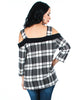 Black and White Plaid Open Shoulder Long Sleeve Top