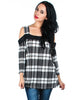 Black and White Plaid Open Shoulder Long Sleeve Top