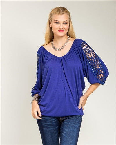 Blue Crocheted Lace Dolman Sleeve Top