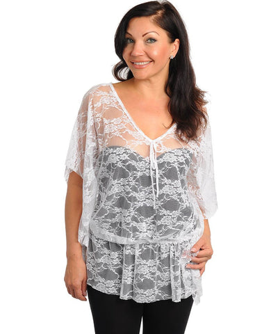 Womans Plus Size Sheer White Lace Top