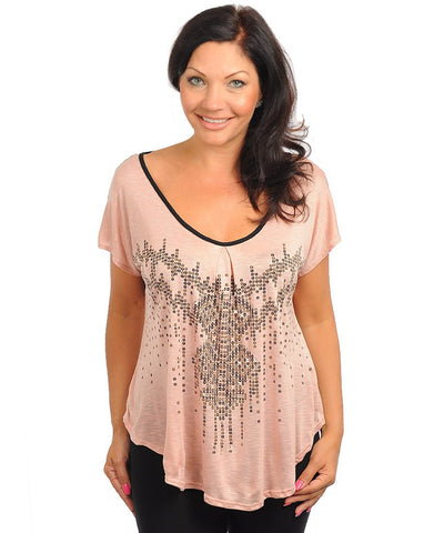 Womens Plus Size Beige Top With Black Sheer and Sequin Accents