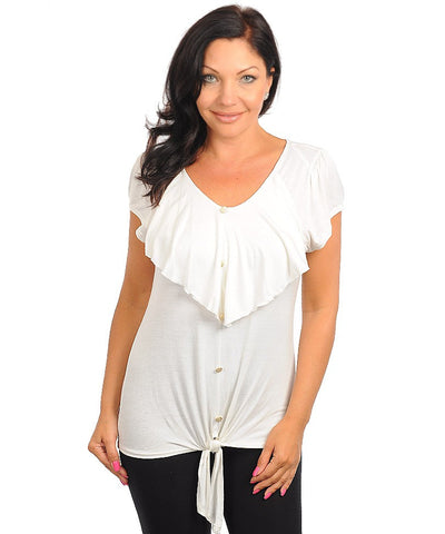 Womens Plus Size White Ruffle Front Top with Tie Front Accent