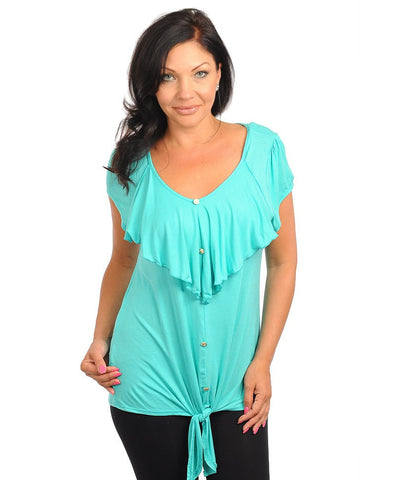 Womens Plus Size Ruffled Front Mint Top Tie Accent