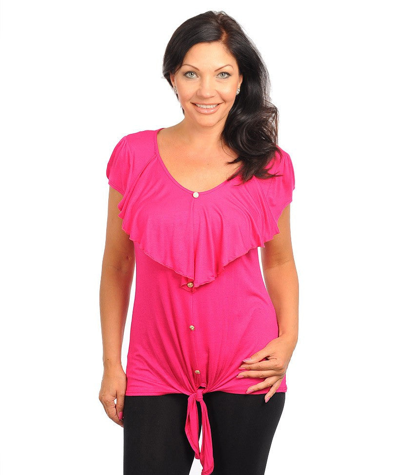 Womens Plus Size Ruffled Front Fuschia Pink Top with Tie Accent