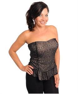 Beige and Black Lace Overlay Strapless Peplum Top