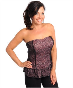 Rose Pink and Black Lace Overlay Strapless Peplum Top