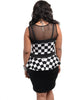 Black and White Checkered Peplum Dress with Sheer Accents Plus Size