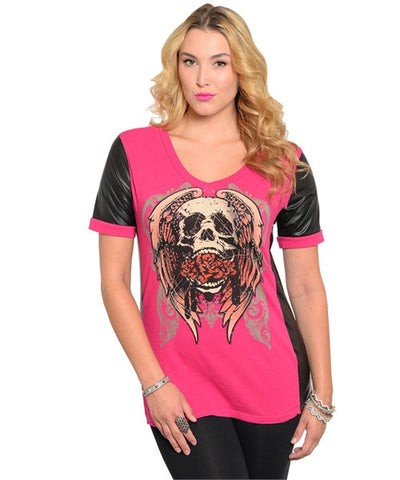 Edgy Pink and Black Tattoo Inspired Top with Skulls Plus Size