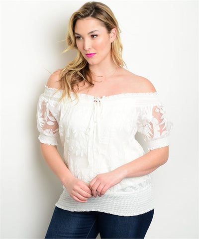 Womens Plus Size Ivory Off Shoulder Semi Sheer Top