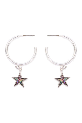 Genuine Abalone Shell Star Shape Silver Hoop Earrings