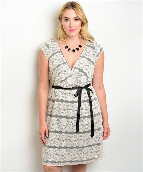 Women's Plus Size Black and Ivory Lace Overlay Dress