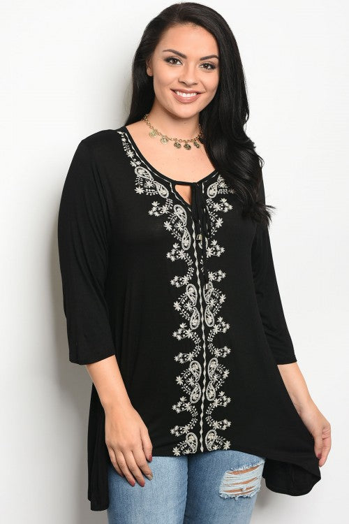 Black Embroidered Plus Size Boho Top