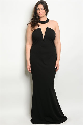 Black Plus Size Gown with Mesh Detail Mock Neckline
