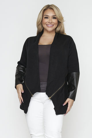 Black Plus Size Cardigan Sweater Faux Leather Sleeves