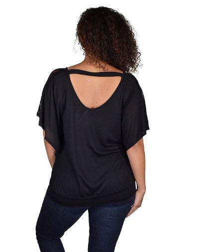 Women's Plus Size Black Kimono Sleeve Top with Lace Accents