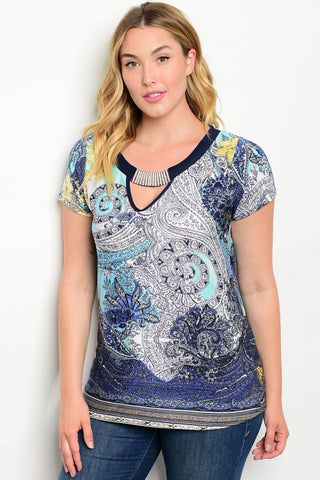 Women's Plus Size Navy Blue and Yellow Jeweled Top