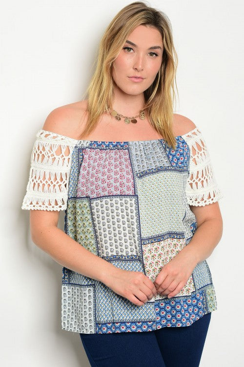 Blue Multi Print Off Shoulder Top with Crocheted Lace Sleeves