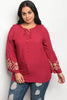 Burgundy Embroidered Bell Sleeve Plus Size Top
