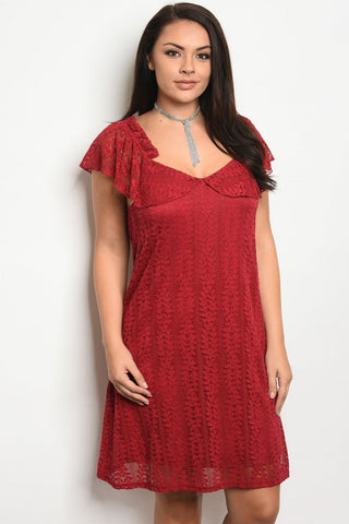 Burgundy Lace Cap Sleeve Plus Size Cocktail Dress