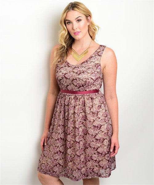 Women's Plus Size Burgundy and Cream Lace Overlay Dress