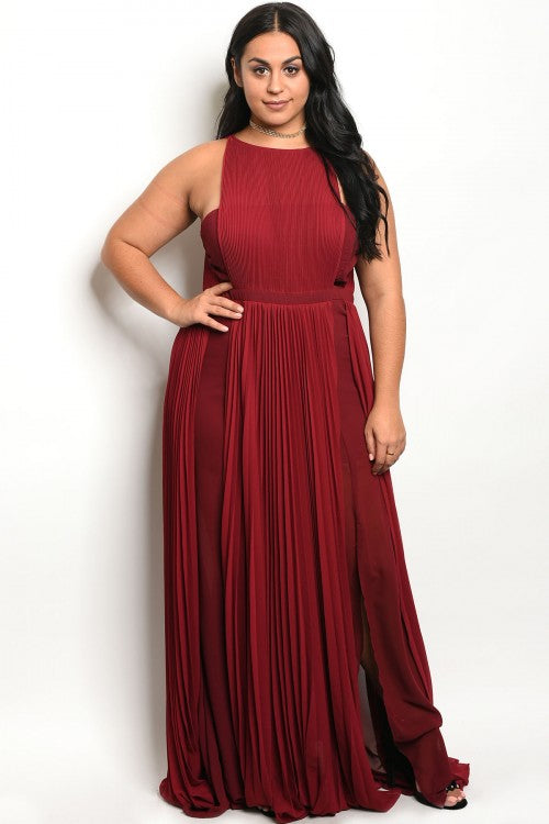 Burgundy Plus Size Pleated Gown with Boat Neckline