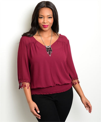 Women's Plus Size Burgundy Top with Fringe Accent Sleeves