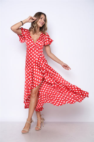 Candy Red Polka Dot Wrap Maxi Dress