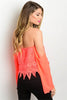 Misses Neon Coral Pink Off Shoulder Bell Sleeve Lace Top