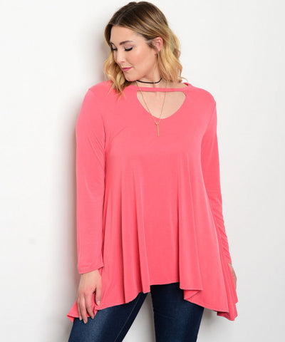 Women's Plus Size Coral Pink Tunic Top with Keyhole Neckline