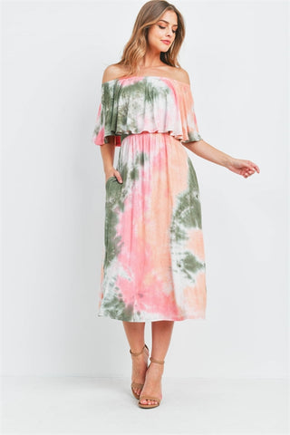 Coral Pink Cold Shoulder Tie Dye Maxi Dress