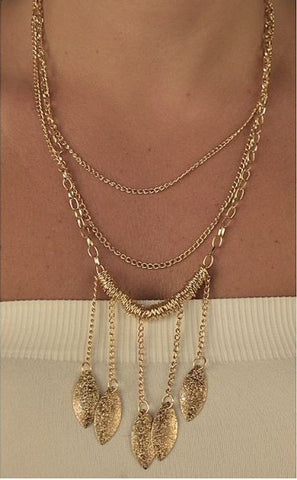 Gold Metallic Leaf Multi Strand Necklace