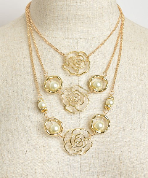 Goldplate Triple Rose and Faux Pear Layered Necklace
