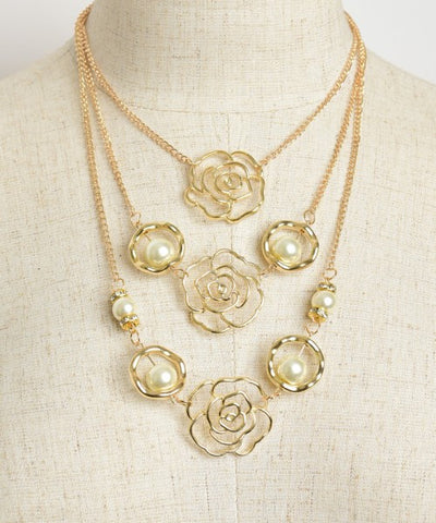 Goldplate Triple Rose and Faux Pear Layered Necklace
