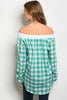 green and white gingham check off shoulder blouse 