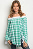 green and white gingham check off shoulder blouse 