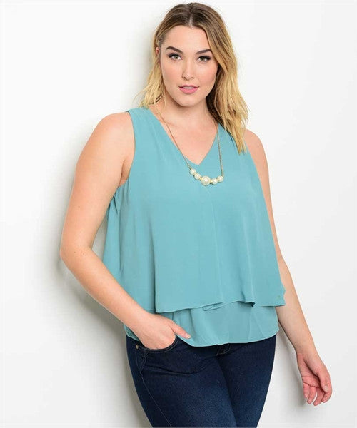 Women's Plus Size Indigo Blue Layered Top with Necklace