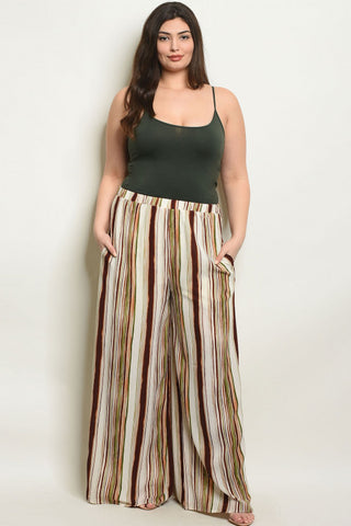 Ivory and Brown Wide Leg Plus Size Palazzo Pants