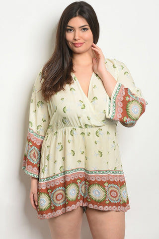 Ivory and Olive Green Floral Plus Size Romper